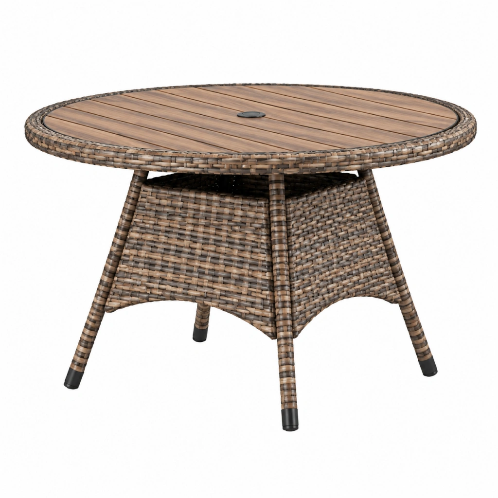 Gartentisch Rund Ø110 cm Holz Kunststoffgeflecht Braun mit Sonnenschirmöffnung