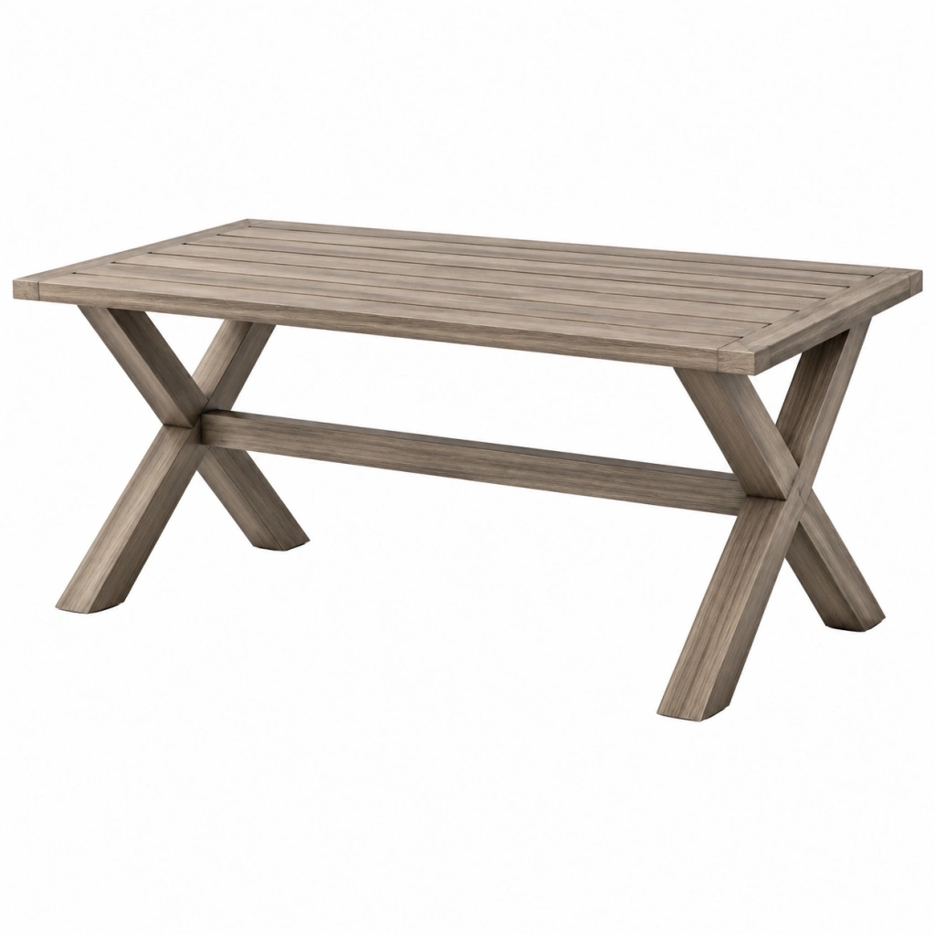 Gartentisch 180 x 90 x 75 cm aus Holz in Graubraun mit Lamellenplatte und X-Gestell