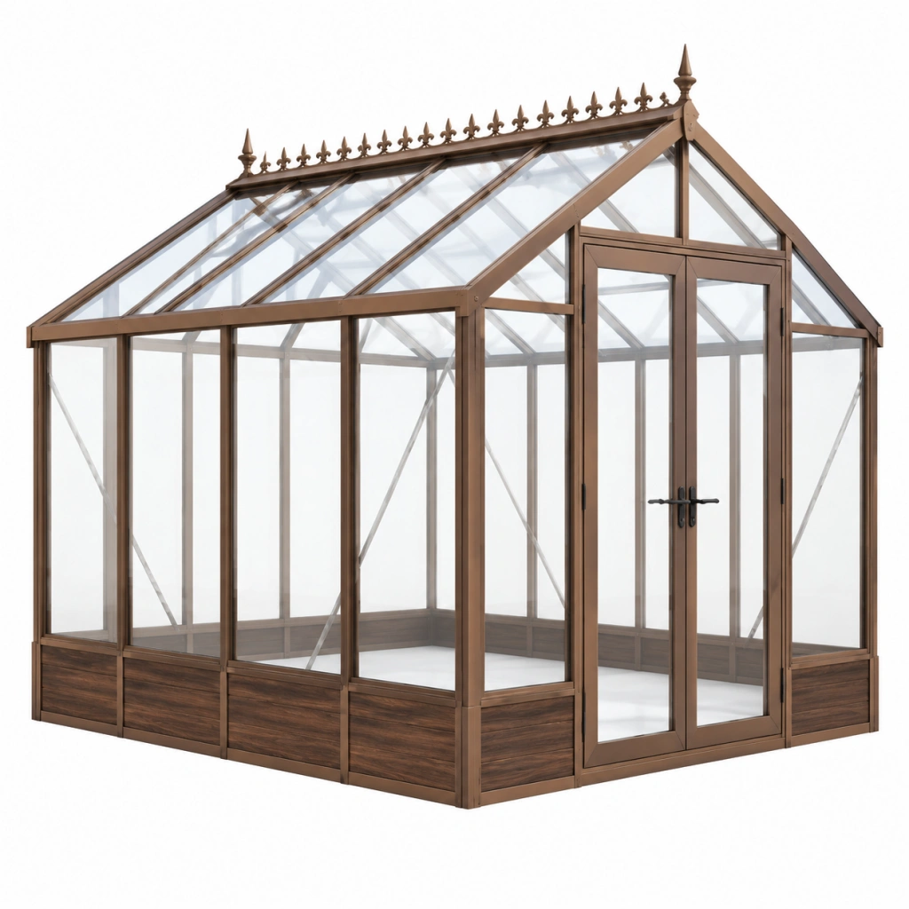 Gewächshaus 300 x 300 x 260 cm aus Metall und Glas Bronze für den Garten im viktorianischen Stil mit Doppeltür