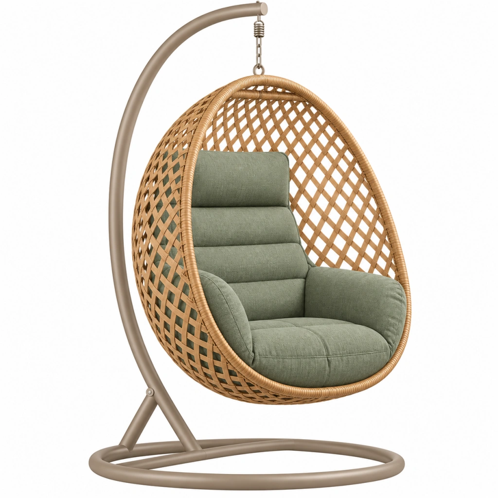 Hängesessel 105 x 105 x 195 cm aus Kunststoffgeflecht in Beige und Grün mit Metallgestell