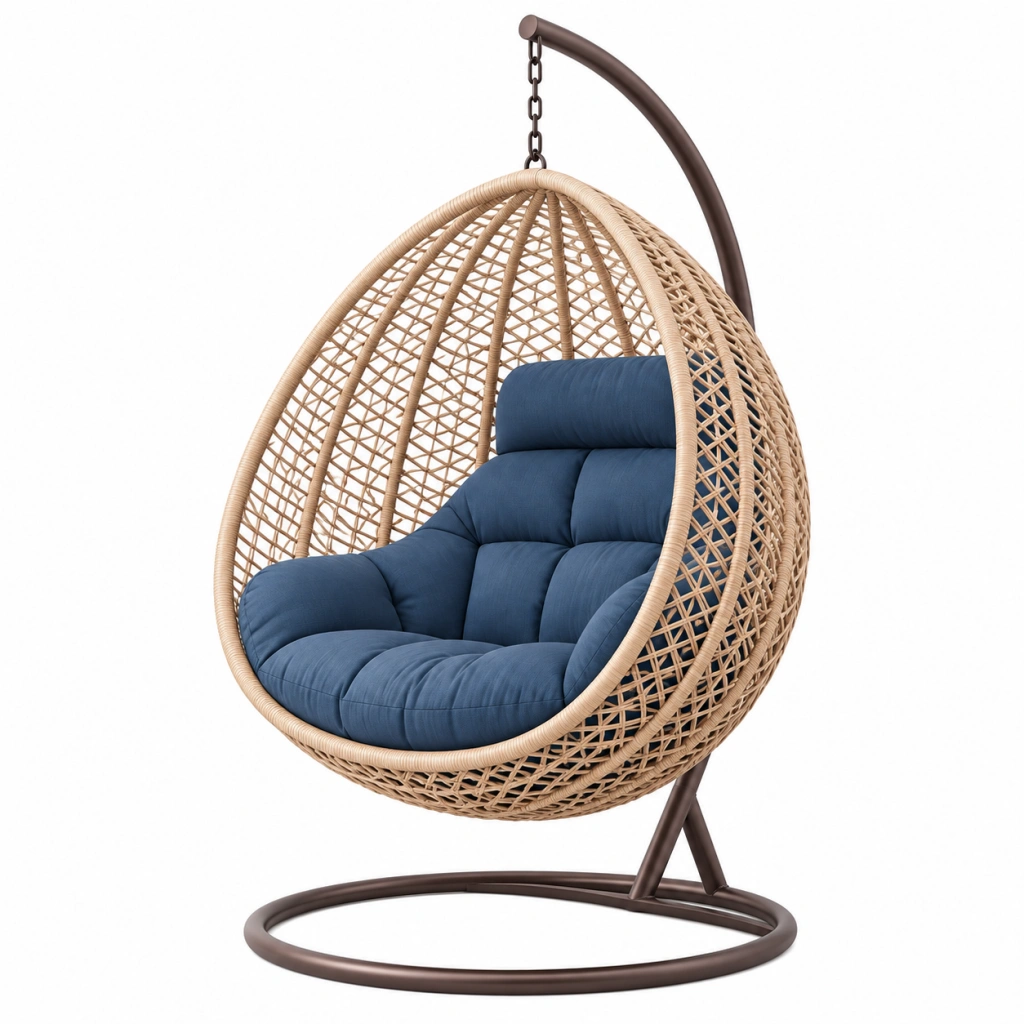 Hängesessel 110 cm 105 cm 195 cm mit Stahlgestell Geflecht in Beige Blau Braun