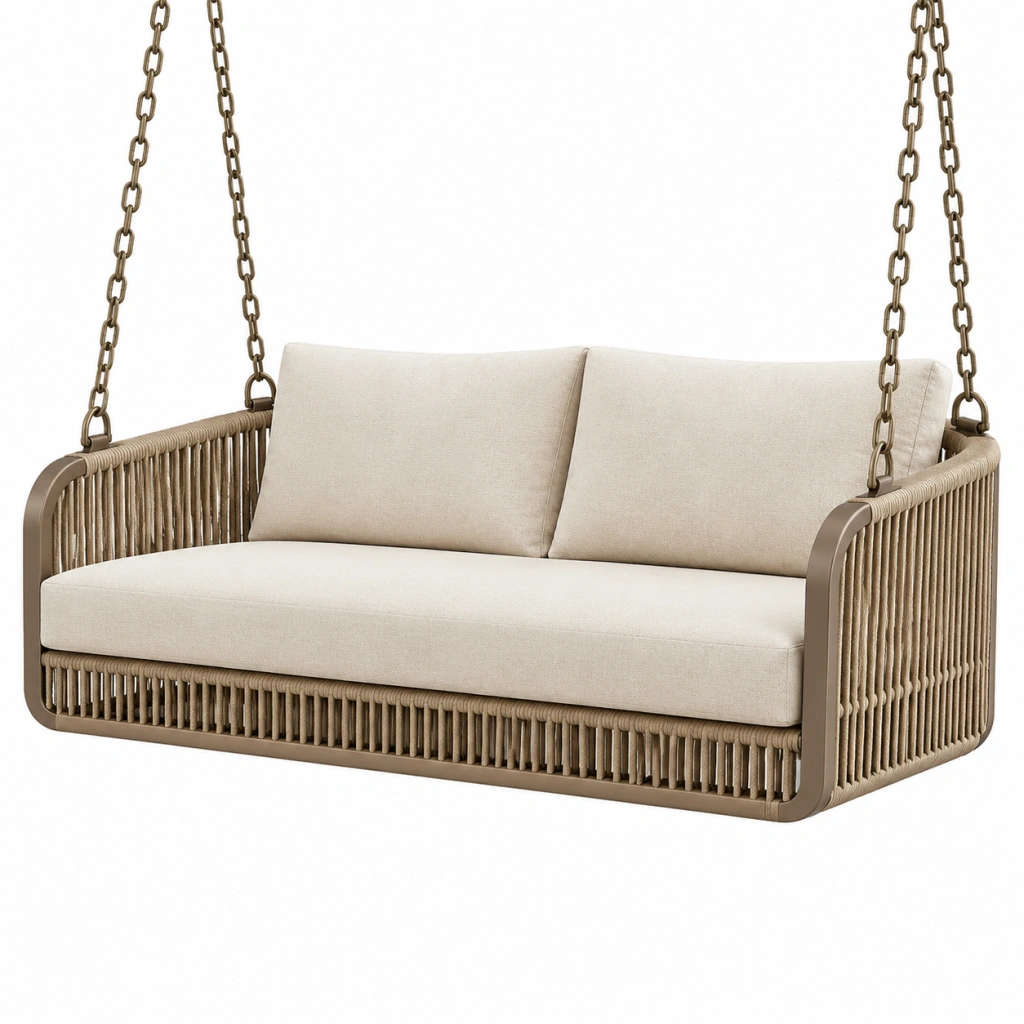 Hängesofa 140 cm Beige Braun mit Metallrahmen und Seilgeflecht für Terrasse
