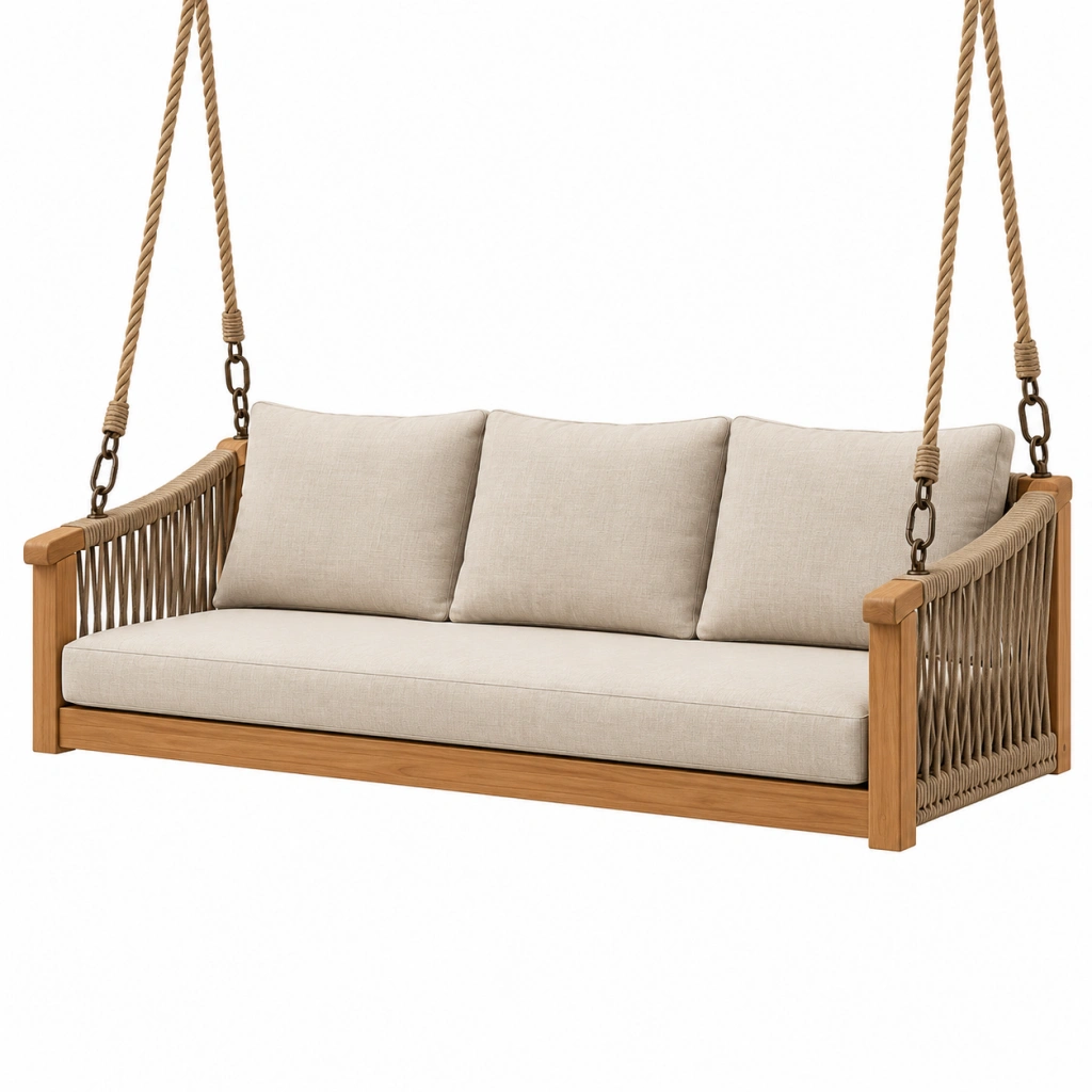 Hängesofa 200 x 85 x 180 cm aus Holz und Seil in Natur Beige für den Außenbereich