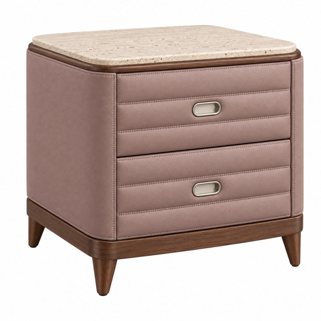 Nachttisch 55 x 45 x 60 cm in Taupe mit Kunstlederbezug Steinplatte und 2 Schubladen