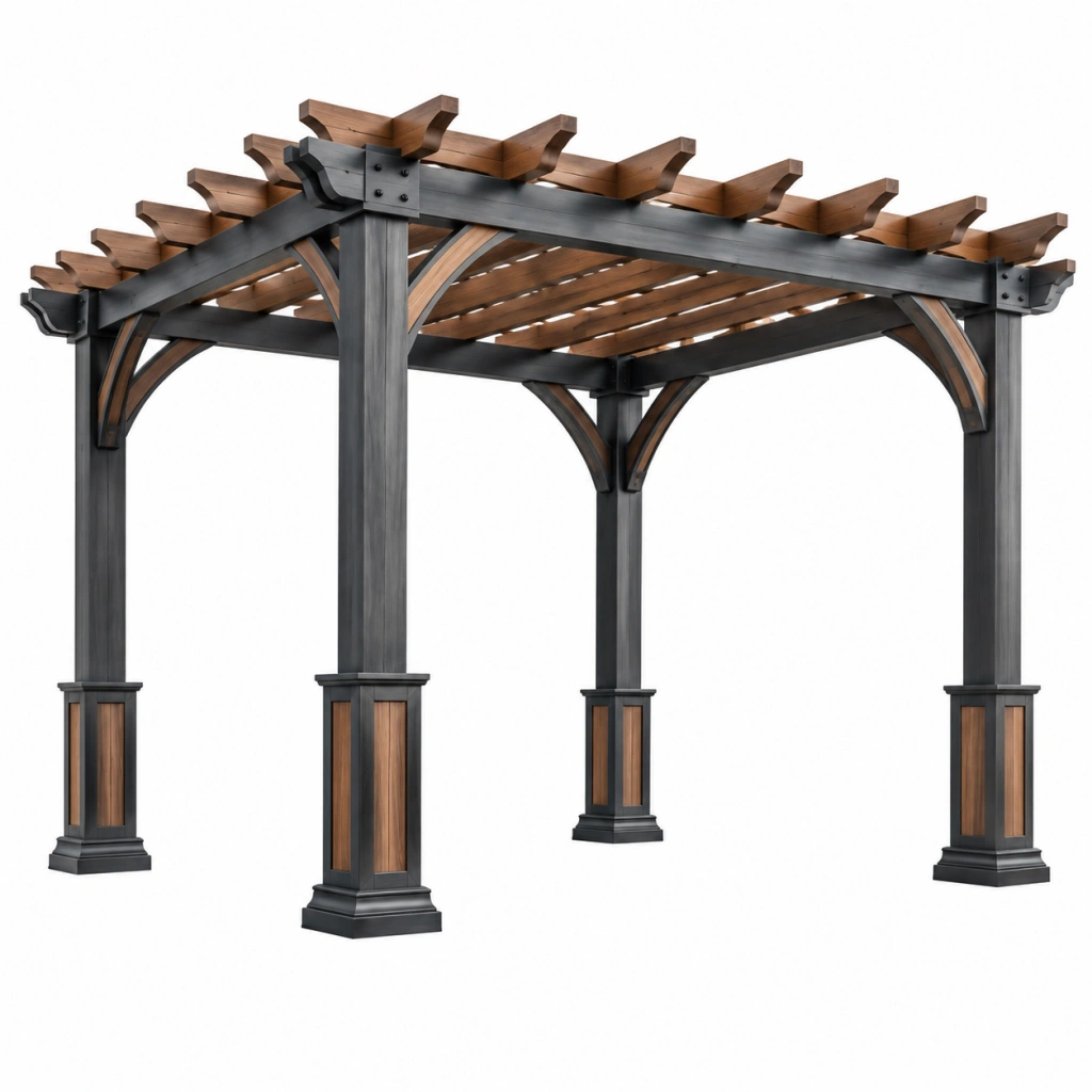 Pergola 300 x 300 x 250 cm aus Holz in Anthrazit/Braun für den Außenbereich mit Latten-Dach im klassischen Stil