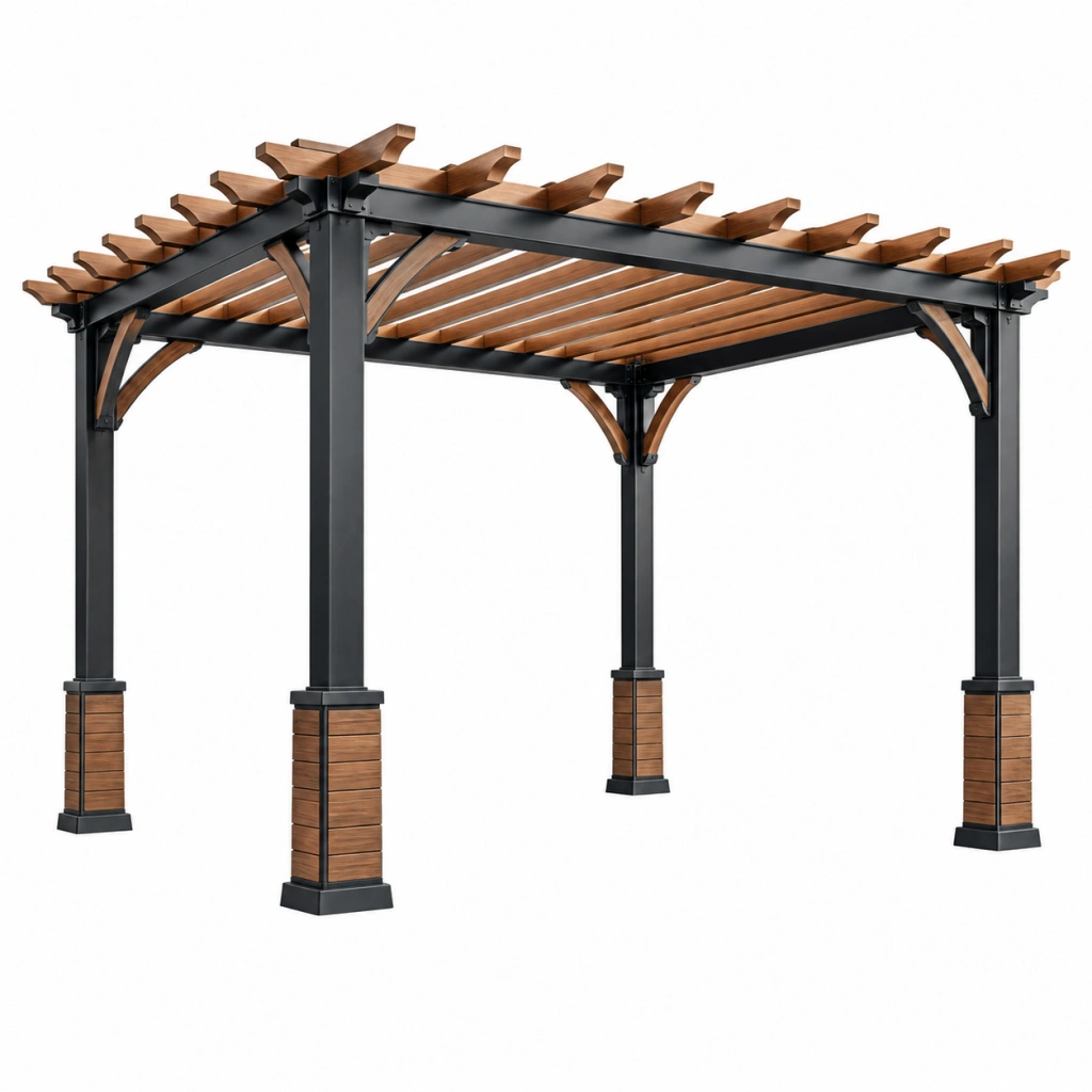 Gartenpergola 300 x 300 x 230 cm aus Stahl und Holz in Schwarz Braun mit Lamellendach