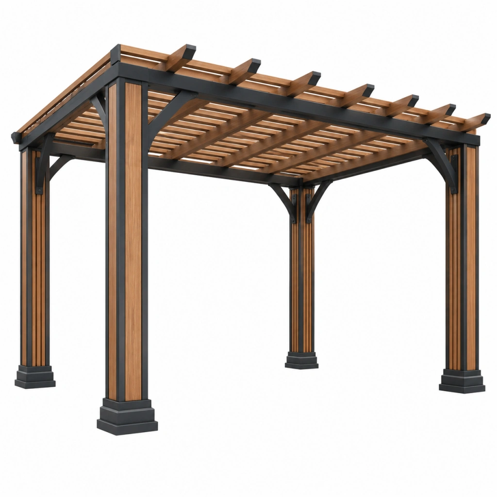 Gartenpergola 300 cm x 300 cm x 250 cm aus Holz und Metall in Braun Schwarz mit offenem Lamellendach