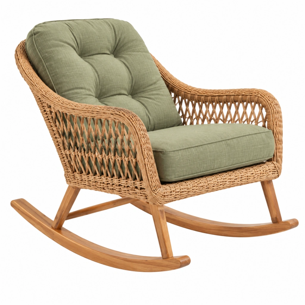 Schaukelstuhl 100 x 75 x 95 cm aus Rattan und Holz in Natur Grün mit Polsterung