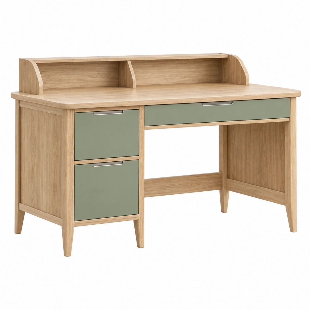 Schreibtisch 120 x 60 x 100 cm Holz Naturgrün mit Schubladen und Aufsatz