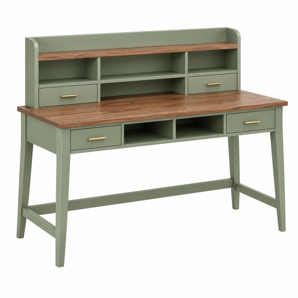 Schreibtisch 140 x 60 x 150 cm aus Holz Grün Braun mit Aufsatz und Schubladen