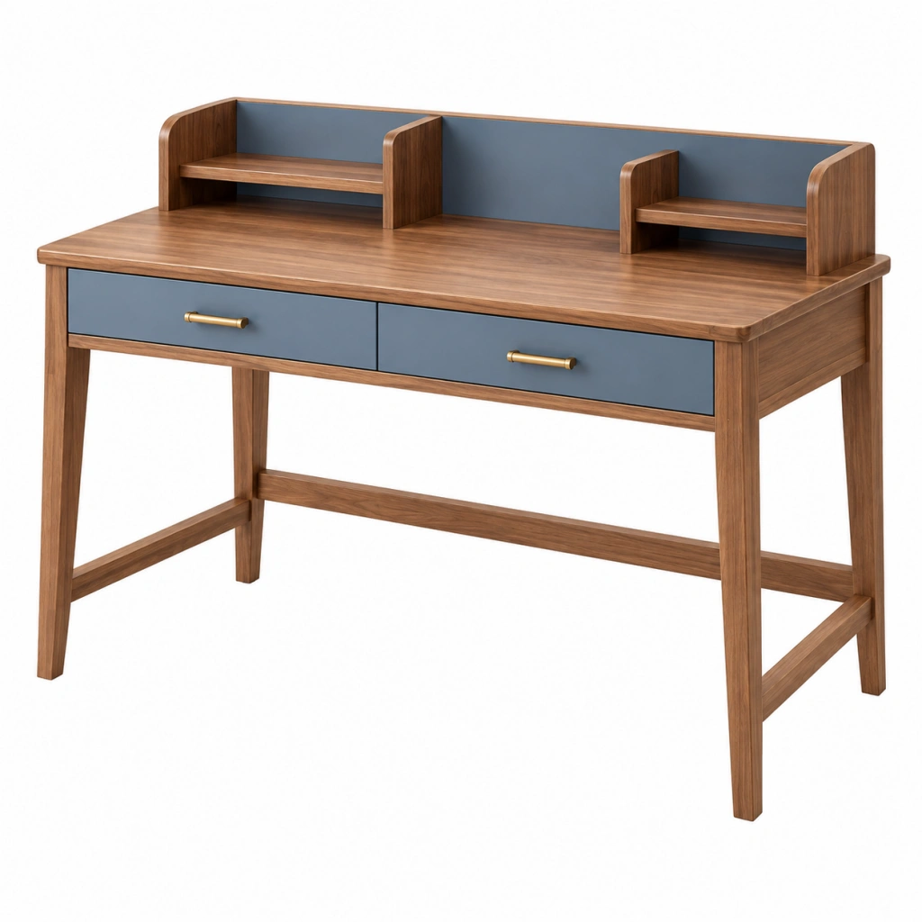 Schreibtisch 120 x 60 x 105 cm aus Holzwerkstoff in Braun Blau mit zwei Schubladen