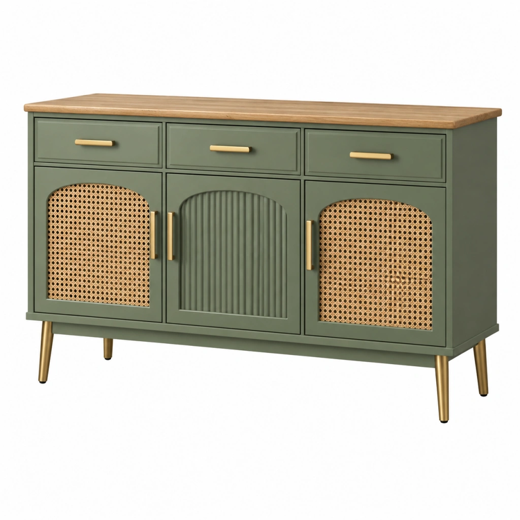 Sideboard 140 x 40 x 85 cm Holzwerkstoff Grün mit Rattan und Metallfüßen