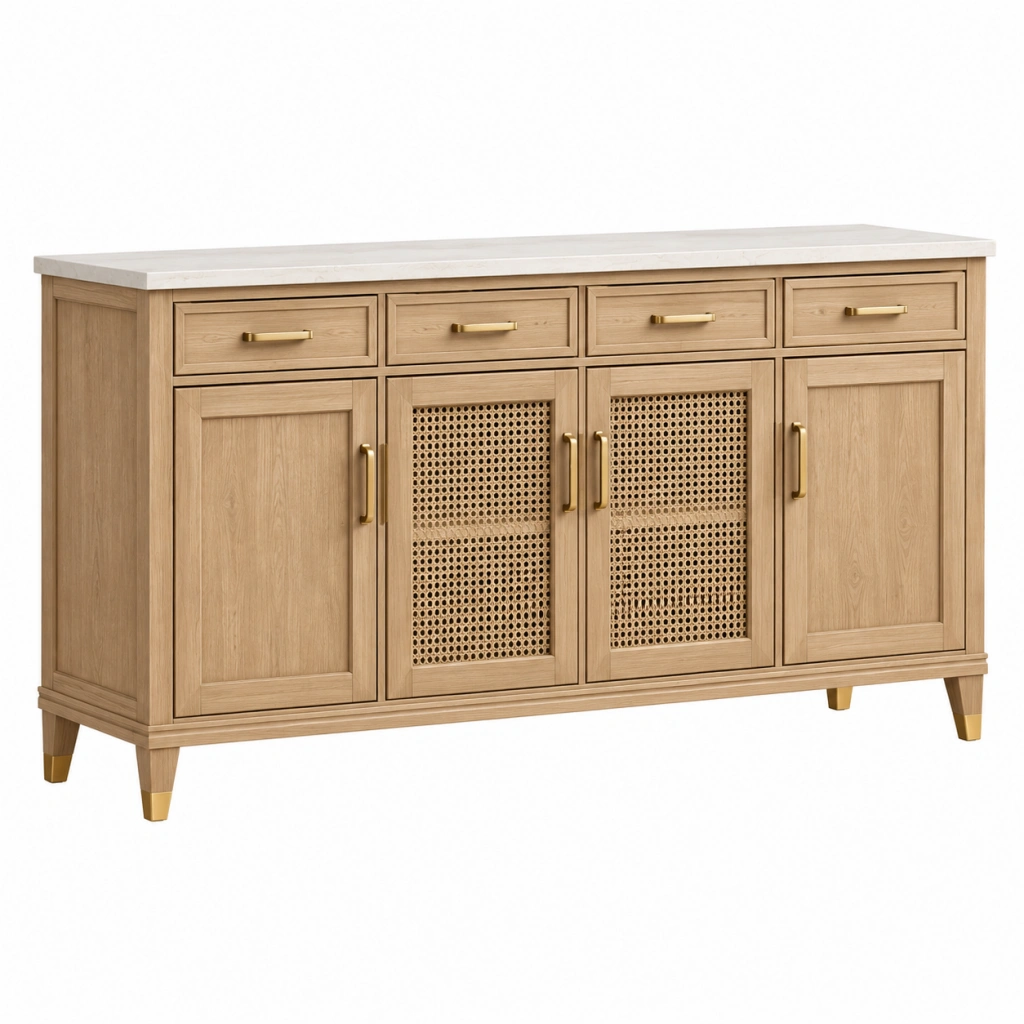 Sideboard 160 x 45 x 90 cm Holz Natur mit Steinoptik Platte und Rattangeflecht im Retro-Stil