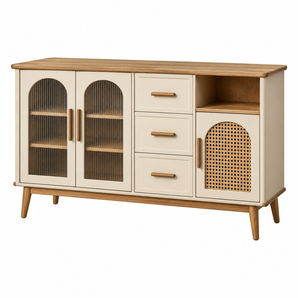 Sideboard 160 x 40 x 85 cm in Creme und Naturholz mit Glastüren Rattantür und Schubladen im Retro-Stil
