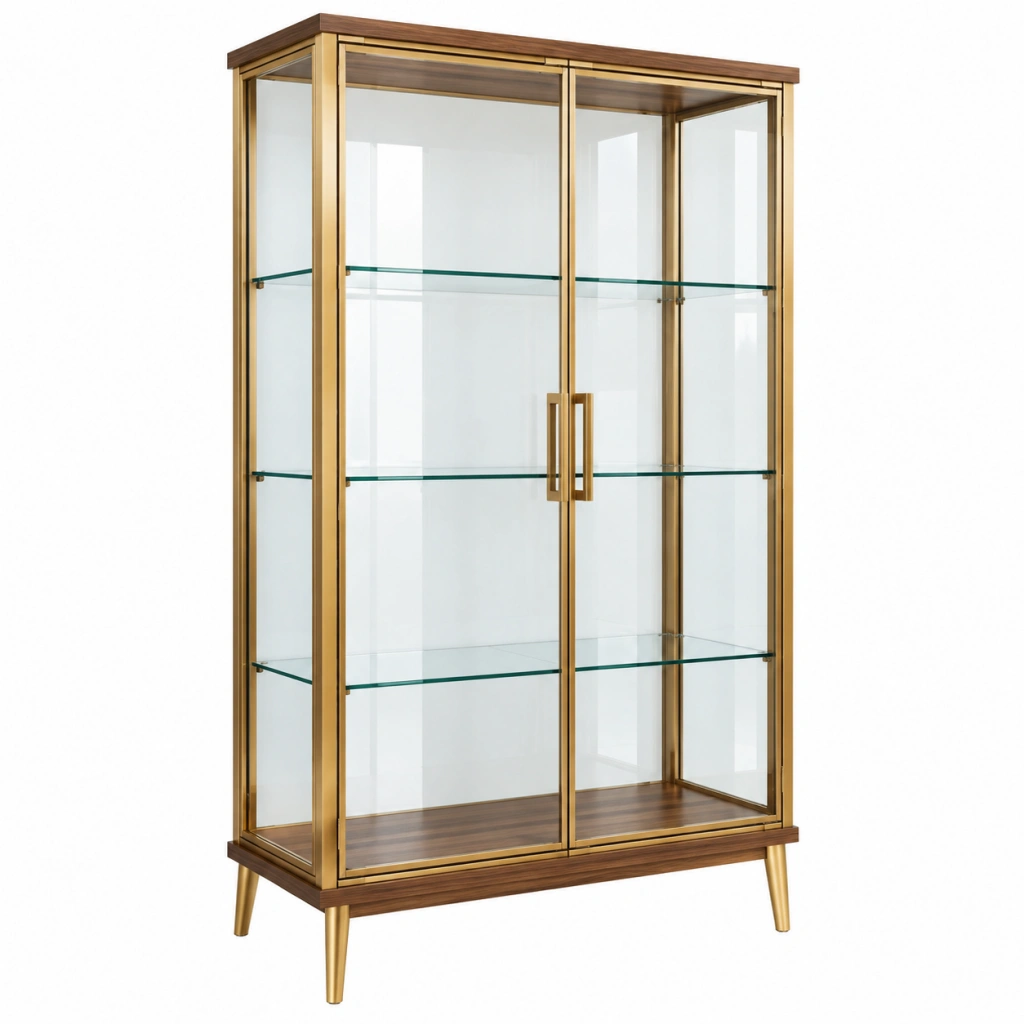 Glasvitrine 90 x 40 x 180 cm mit Glastüren und Metallrahmen Braun Goldfarben