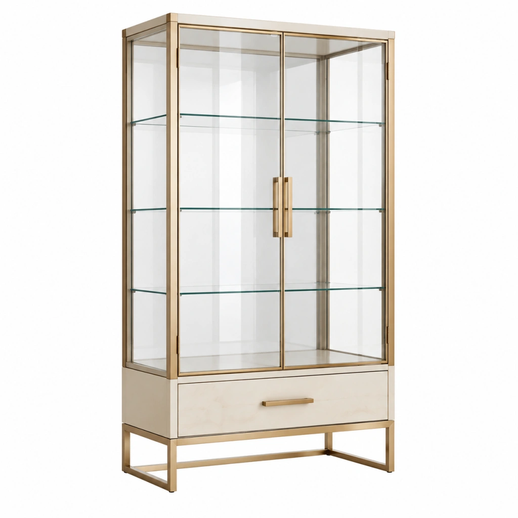 Vitrine 90 x 40 x 180 cm aus Glas und Metall in Gold mit Schublade