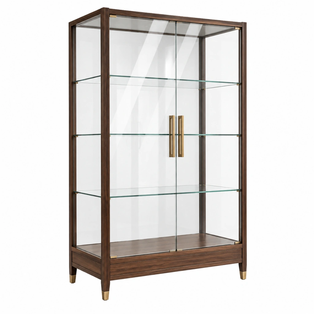 Vitrine 90 x 40 x 180 cm aus Holz und Glas Braun Gold mit 2 Glastüren