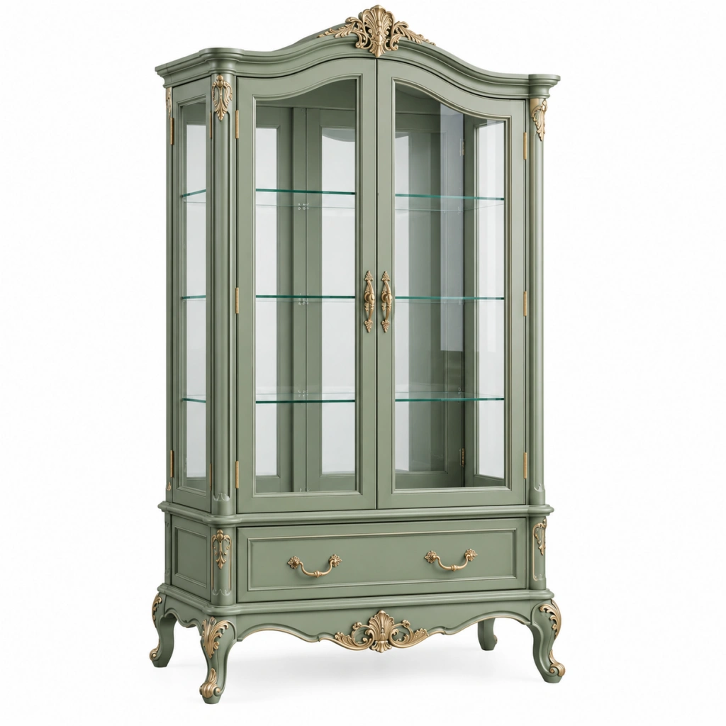 Vitrine 110 x 45 x 200 cm Holz und Glas Grün Gold klassischer Stil mit Schublade