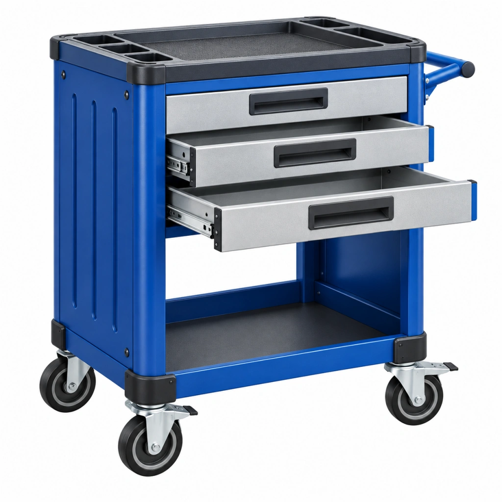 Werkstattwagen 80 x 45 x 95 cm aus Stahl Blau mit 3 Schubladen rollbar
