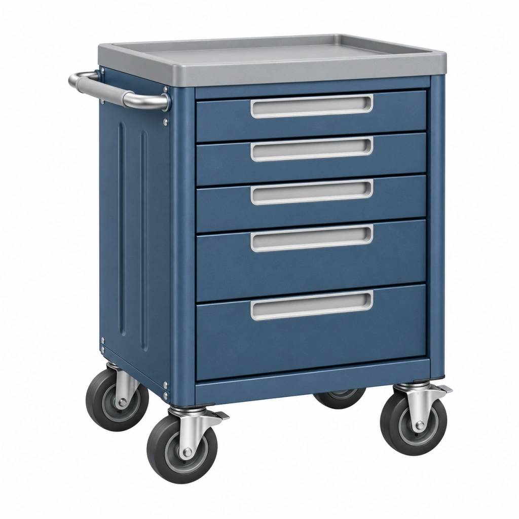 Werkzeugwagen 70 x 45 x 90 cm aus Stahl blau silber mit 5 Schubladen und Rollen