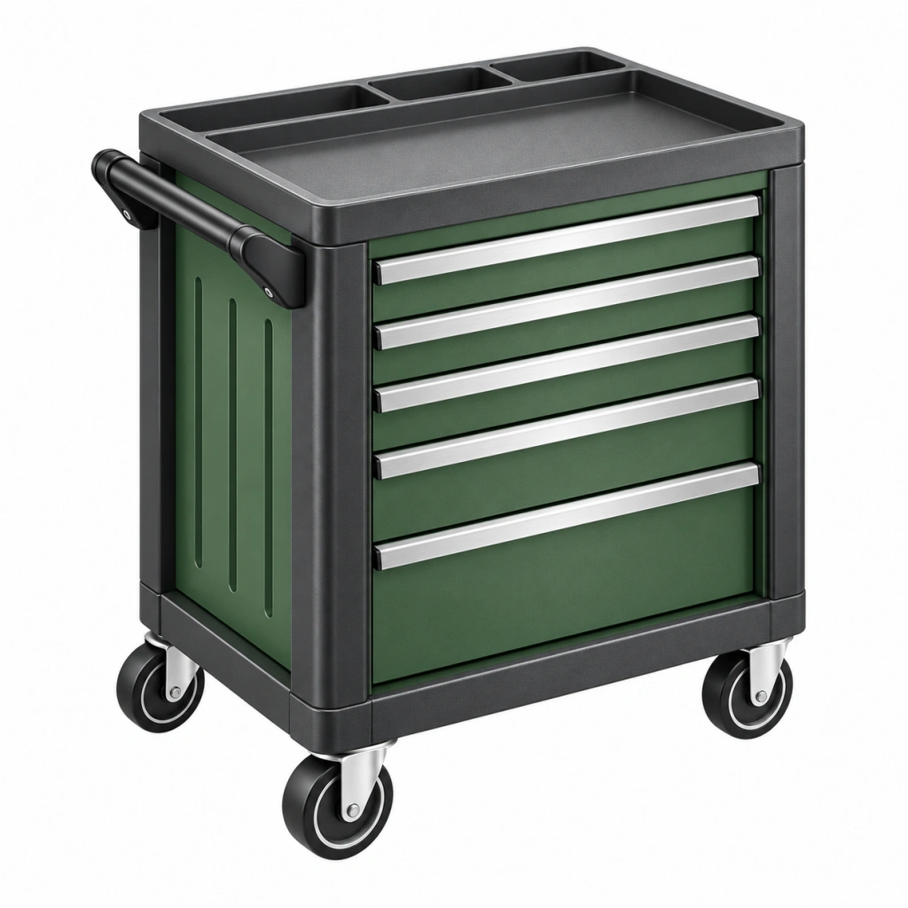 Werkstattwagen 70 x 46 x 90 cm aus Stahl in Grün Anthrazit mit 5 Schubladen und Rollen