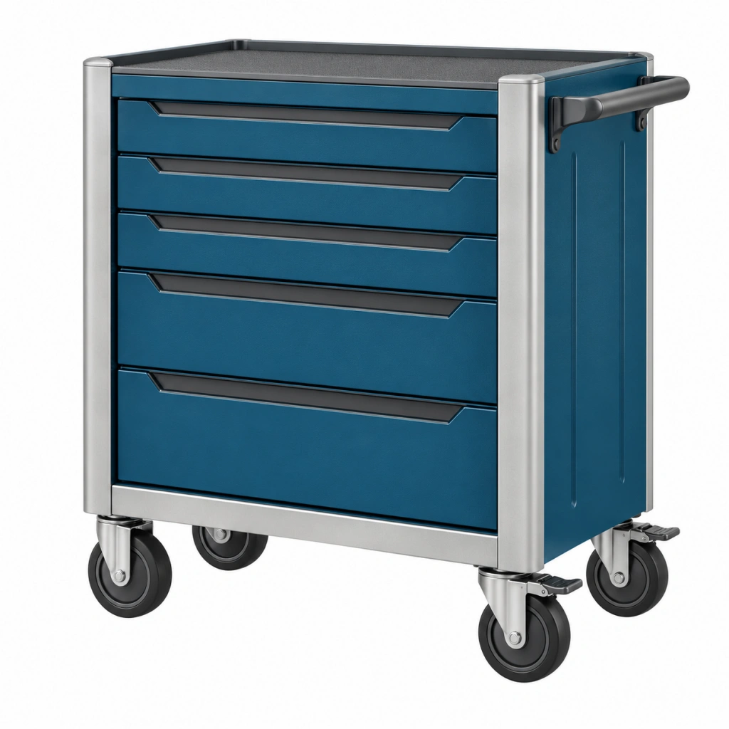 Werkzeugwagen 72 x 46 x 90 cm aus Stahl in Blau mit 5 Schubladen und Rollen