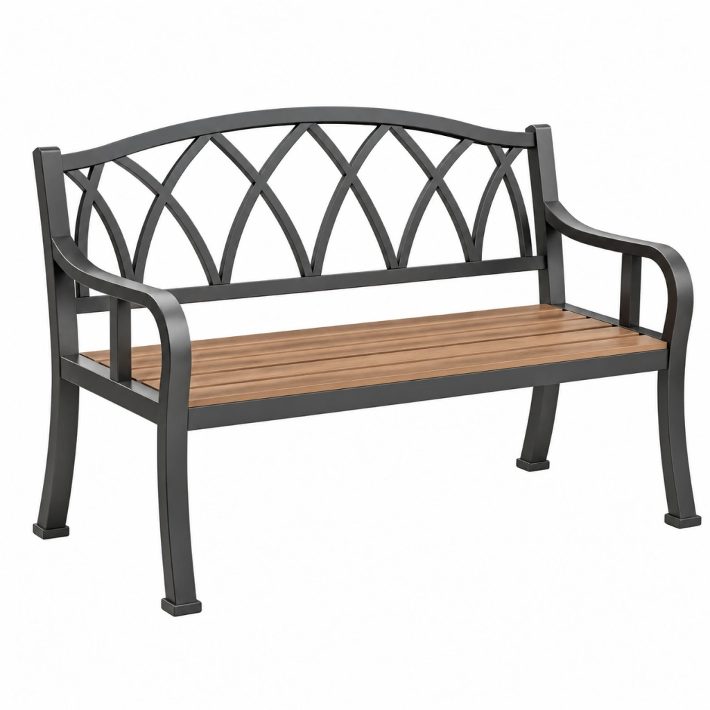 Gartenbank 122 x 62 x 89 cm aus Metall und Holz Schwarz Braun mit Rückenlehne