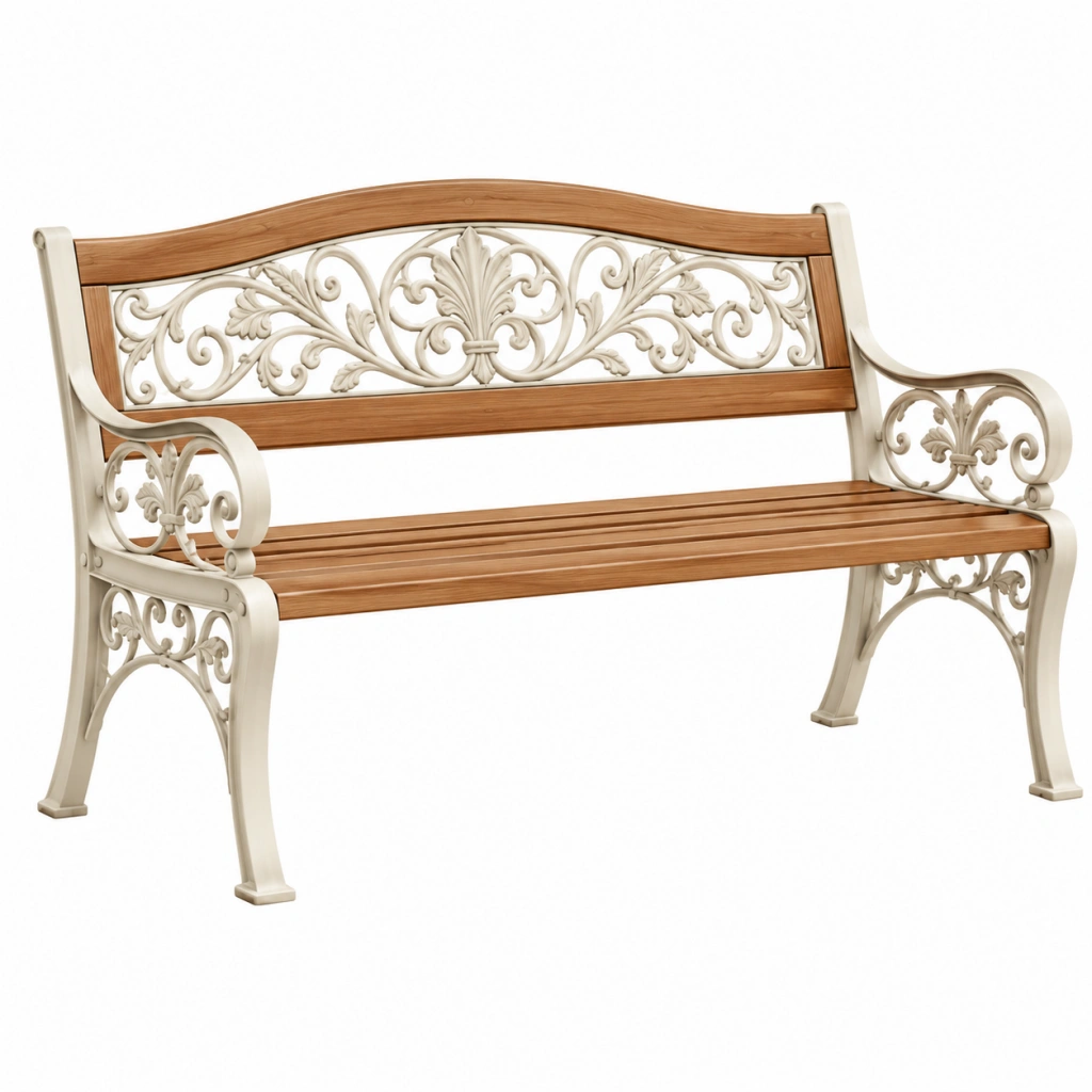 Gartenbank 122 x 63 x 86 cm aus Metall und Holz Braun Cremeweiß mit Armlehnen im Vintage-Stil