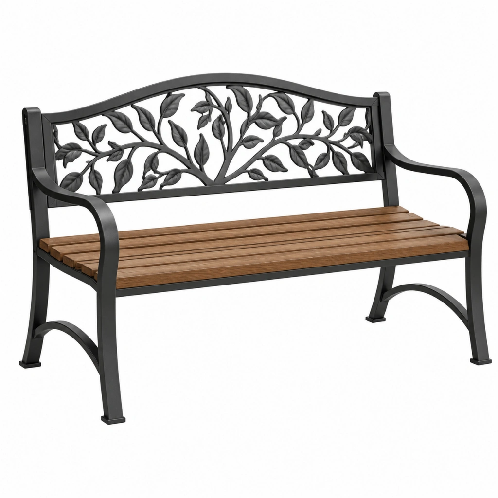 Gartenbank 122 x 62 x 89 cm Metall Holz Schwarz Braun mit Blattmuster